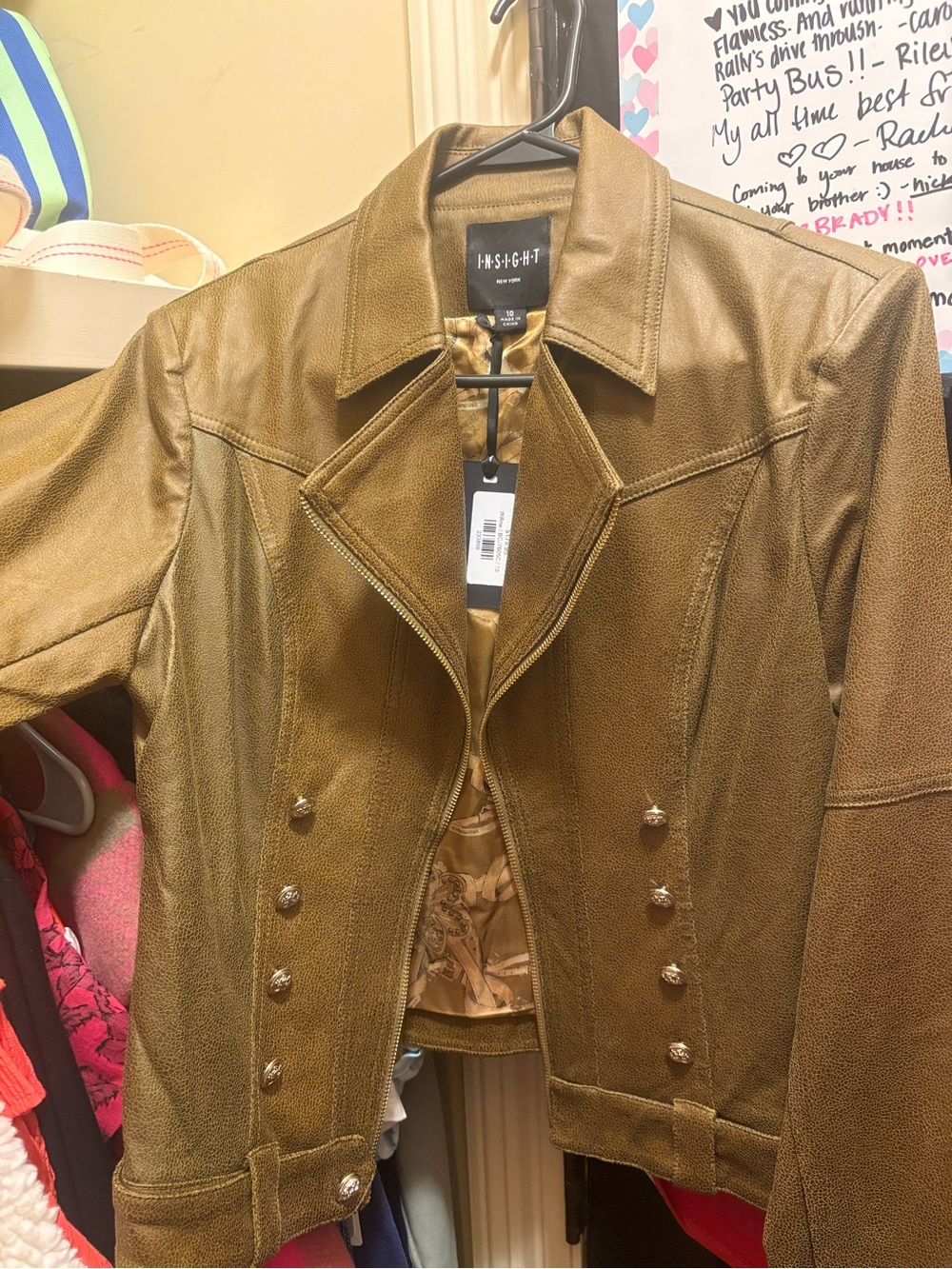 Insight Olive Brown Faux Leather Jacket with Button Accents